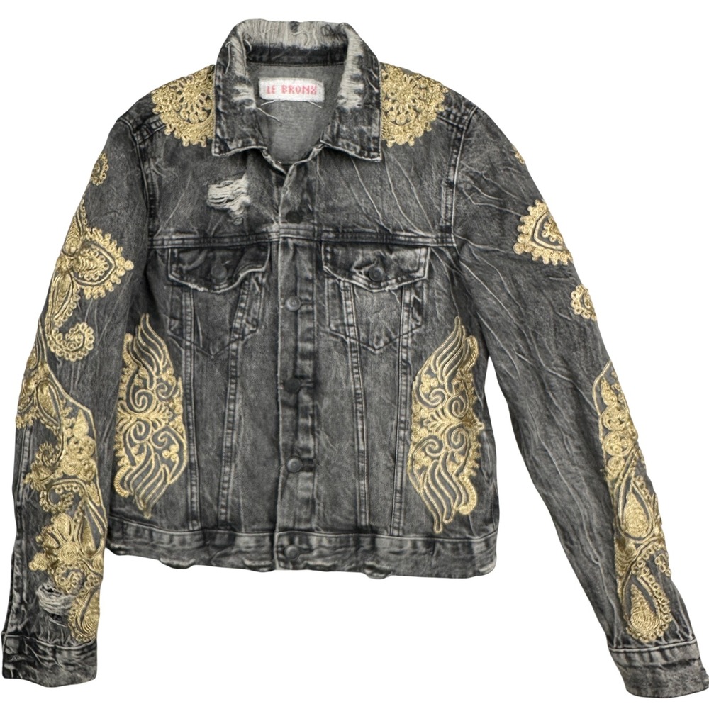 H&M Women's Distressed Denim Jacket Gold Embroidered Patches Button Up‎